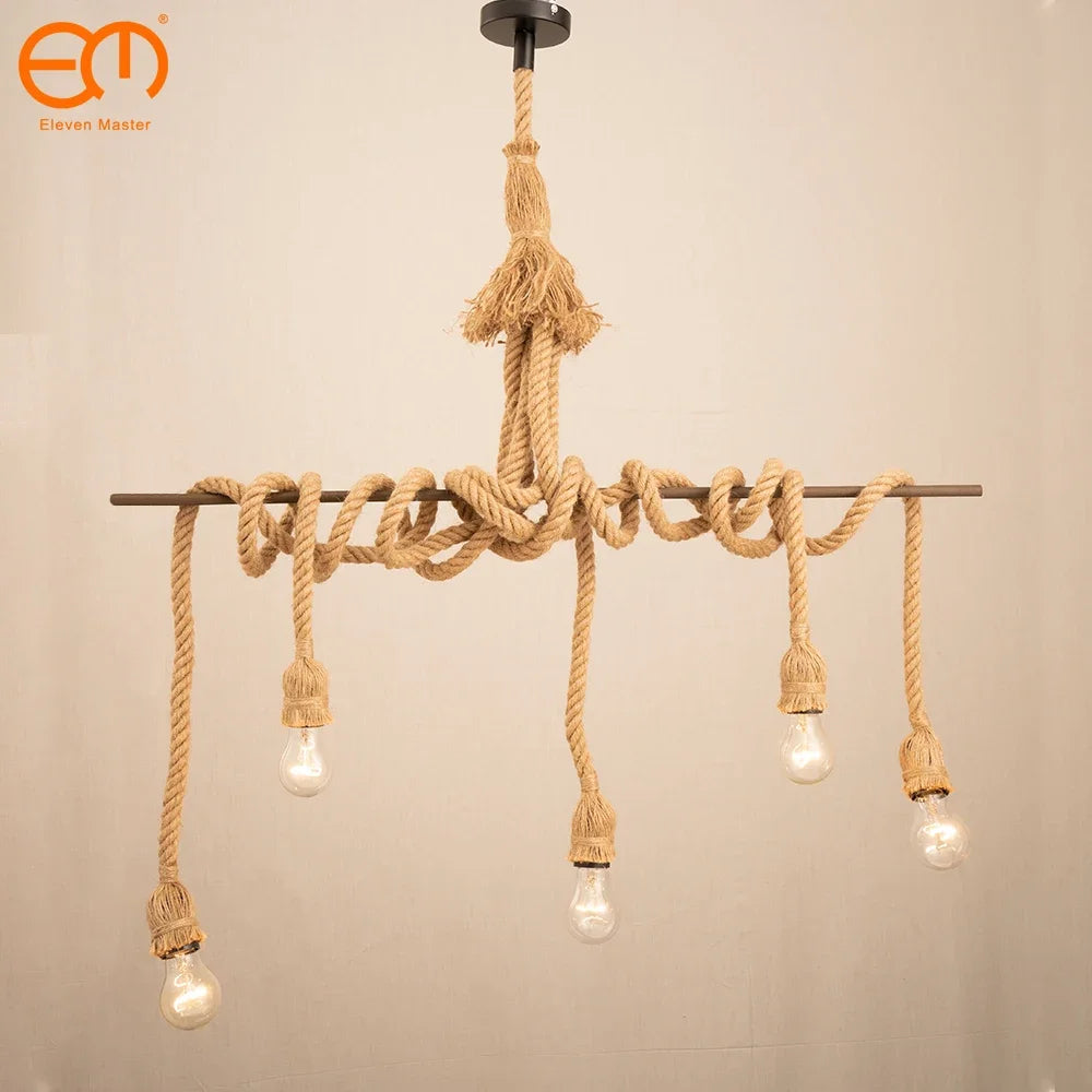 suspension rétro loft industriel en corde de chanvre avec ampoule edison - vue 2 sur 11