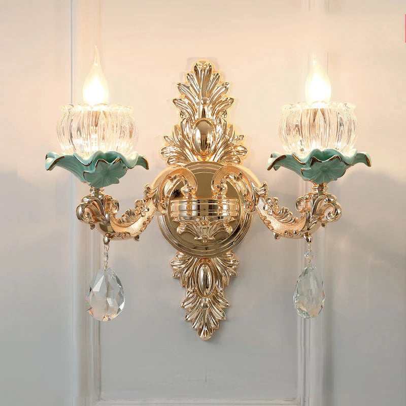 Lustre céramique à fleurs et cristal - vue 6 sur 13