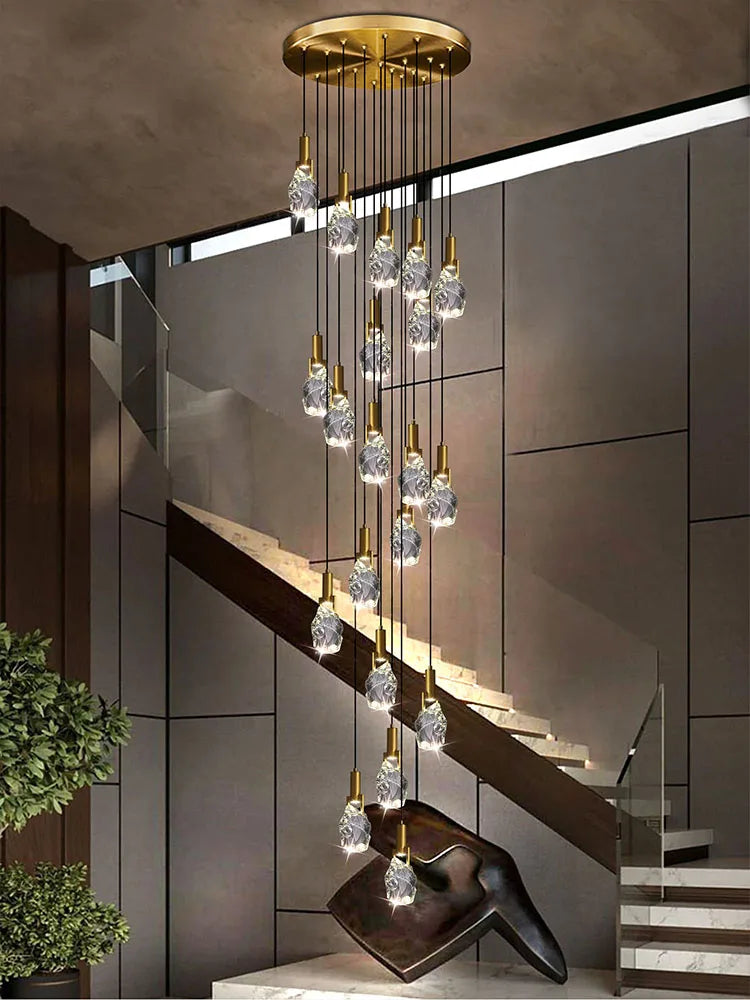 lustre duplex loft escalier en colimaçon moderne créatif villa salon cristal - vue 5 sur 14