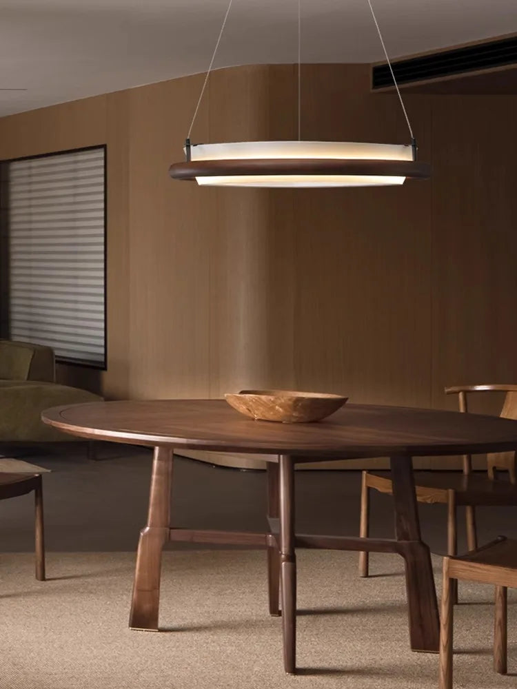 lustre moderne en bois led avec suspension en tissu