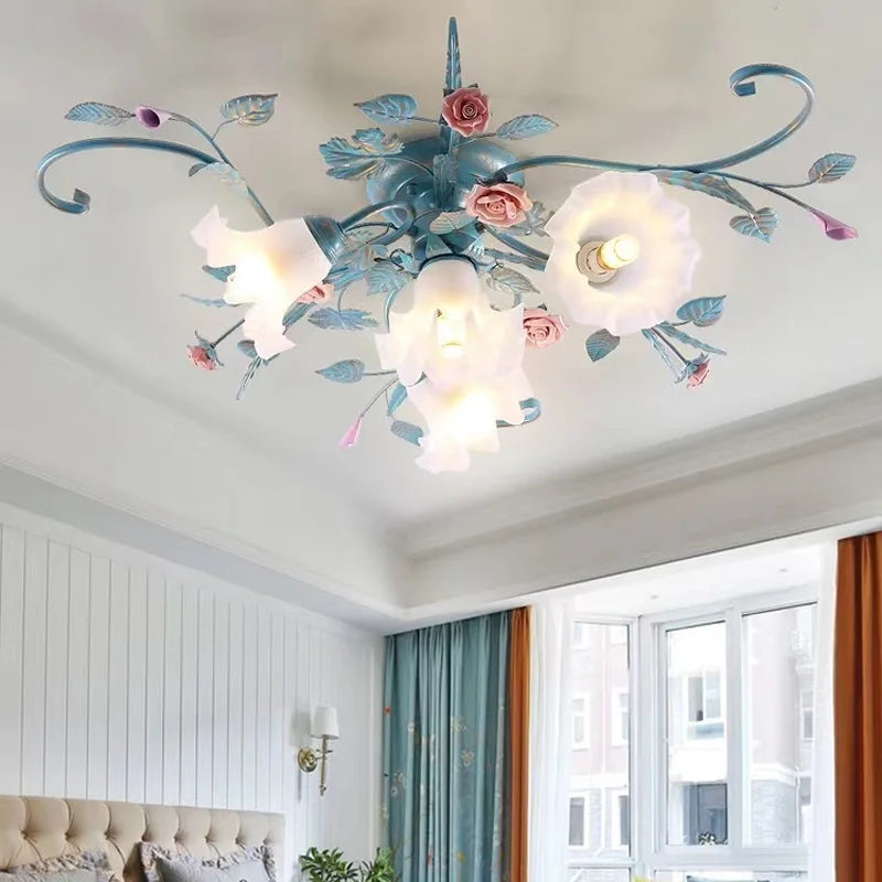 plafonnier led en fer fait main avec fleur de rose style américain coréen