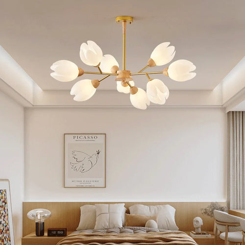 lustre nordique en bois avec lumière en forme de fleur - vue 3 sur 9