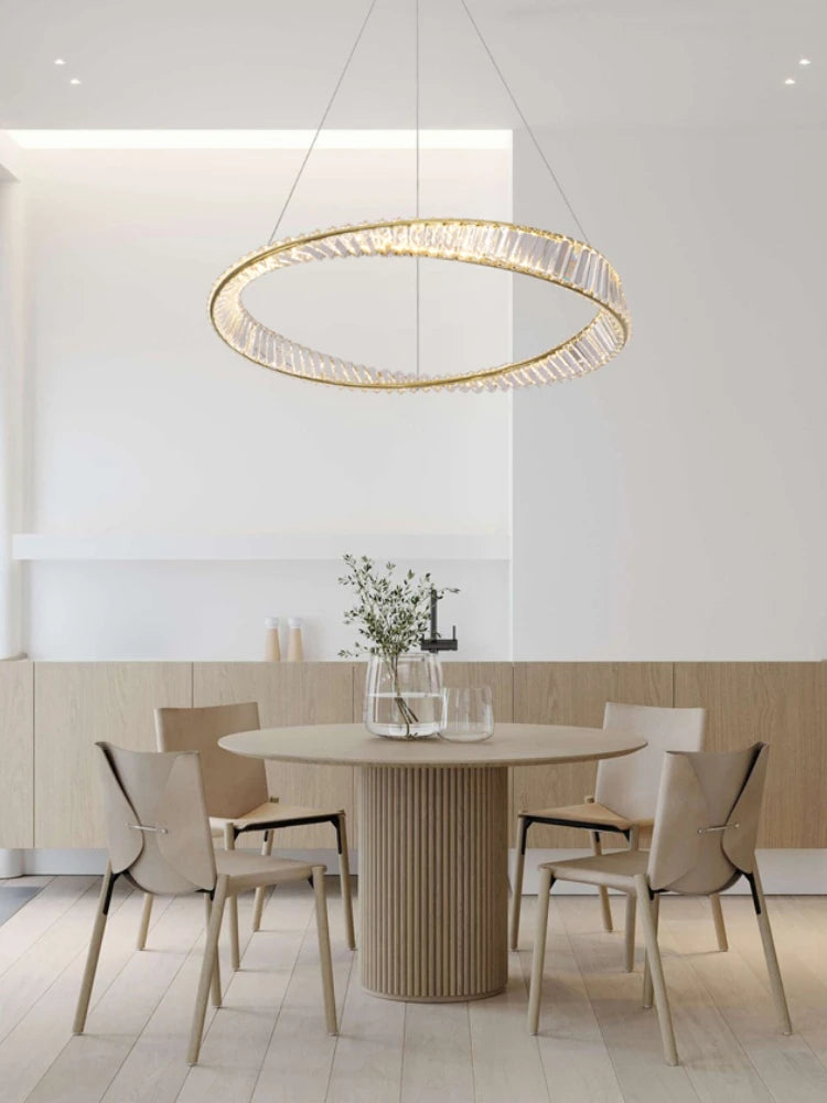 lustre décoratif circulaire en cristal et acier inoxydable