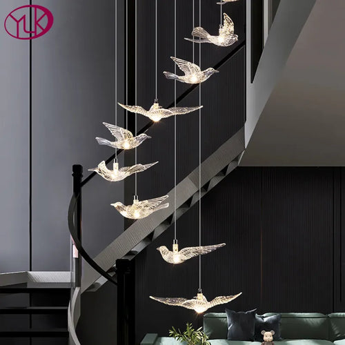 YOULAIKE oiseau design led lustre pour escalier de luxe salon suspendu luminaire couloir longue spirale acrylique lampes