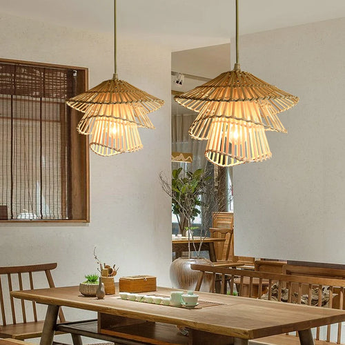 lustre led en bambou rotin créatif pour décoration maison - vue 4 sur 9