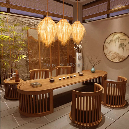 lustre en rotin tissage bambou chapeau de paille lampe pastorale décor salle - vue 4 sur 7