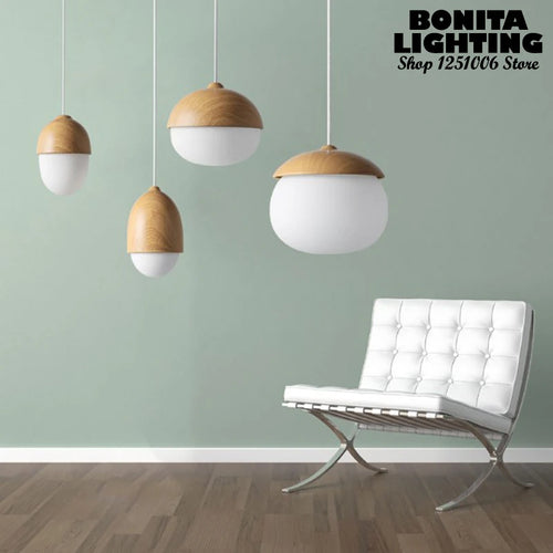 suspension moderne en verre et bois avec champignons - vue 2 sur 8