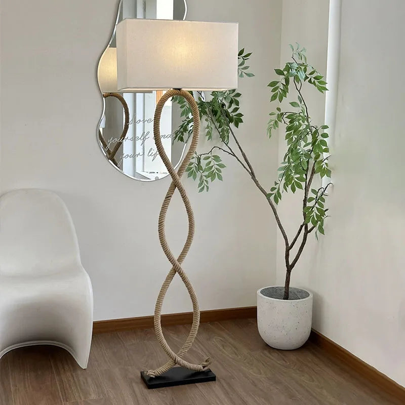Nordique rétro Wabi Sabi chanvre corde tissu abat-jour lampadaire Led salon décor à la maison chambre canapé coin chevet lampe sur pied - vue 7 sur 8