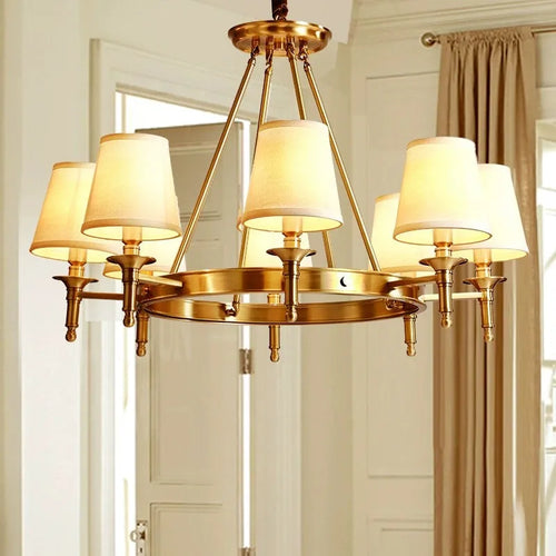 Abat-jour en tissu LED lustre Style américain minimaliste tout en cuivre chambre cuisine éclairage salon plafonnier luminaire - vue 5 sur 8