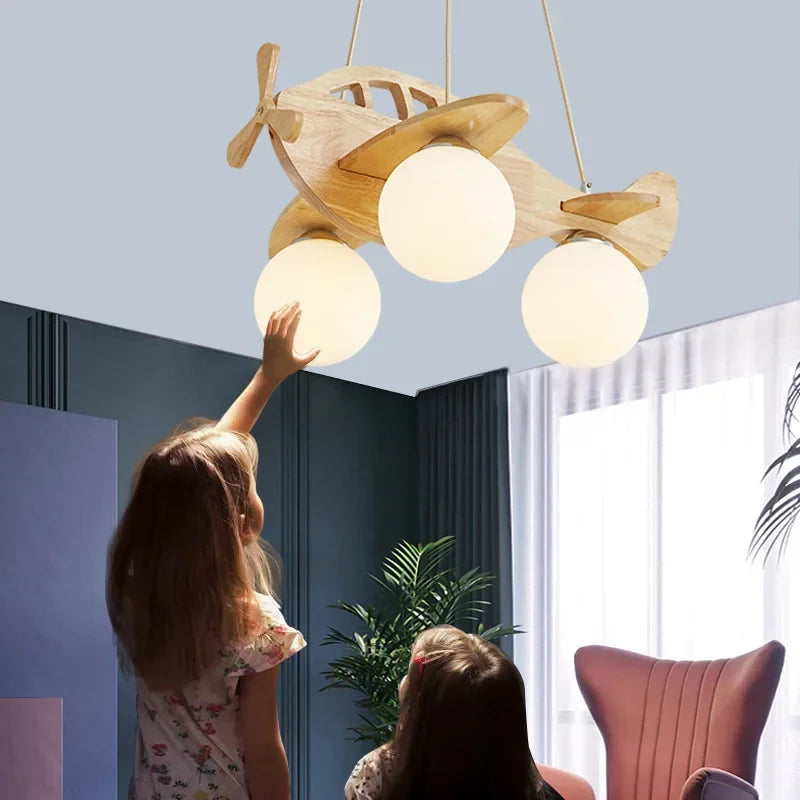 Moderne LED enfants lustres en bois à la main avion suspendus lampes suspendues chambre garçons filles chambre décor lampes à suspension