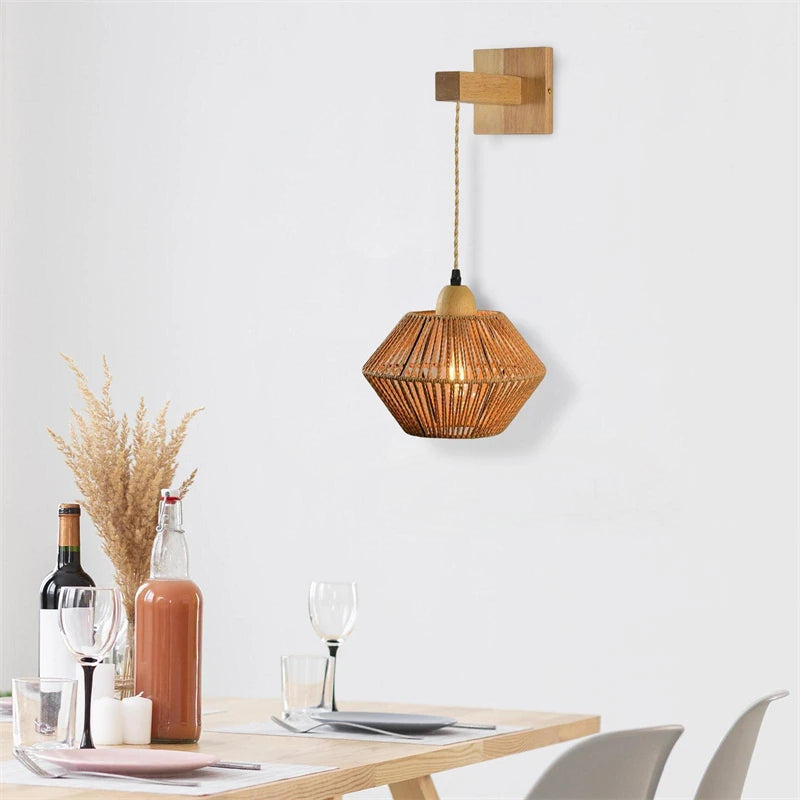 lampe de chevet rétro en rotin rétractable pour intérieur décoratif - vue 10 sur 11