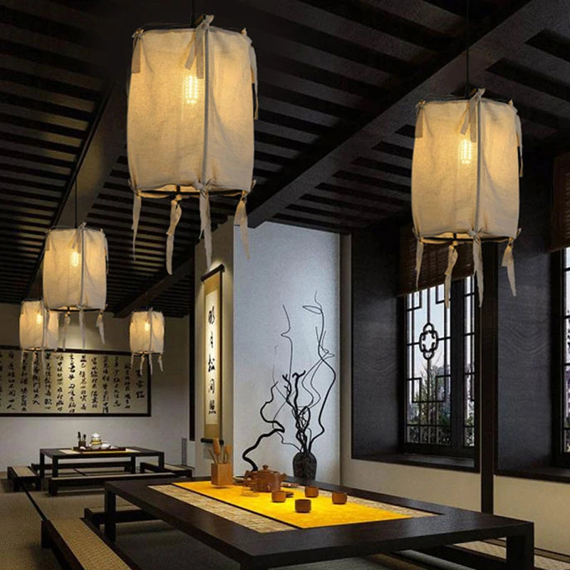 suspension en fer et lin style japonais pour décoration intérieure - vue 3 sur 9