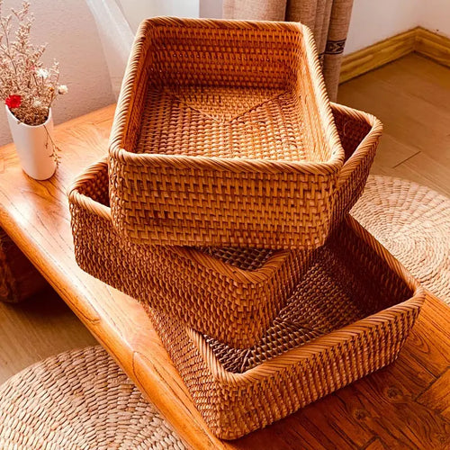 paniers rectangulaires en rotin tissés à la main pour rangement et décoration - vue 3 sur 8