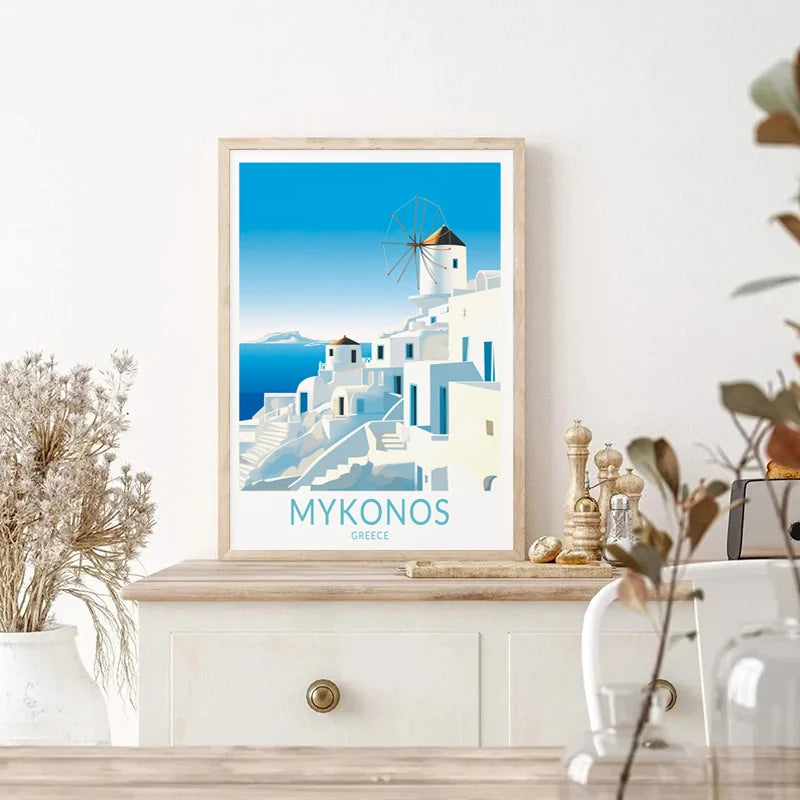 affiche rétro de voyage château et île de santorin décor mural