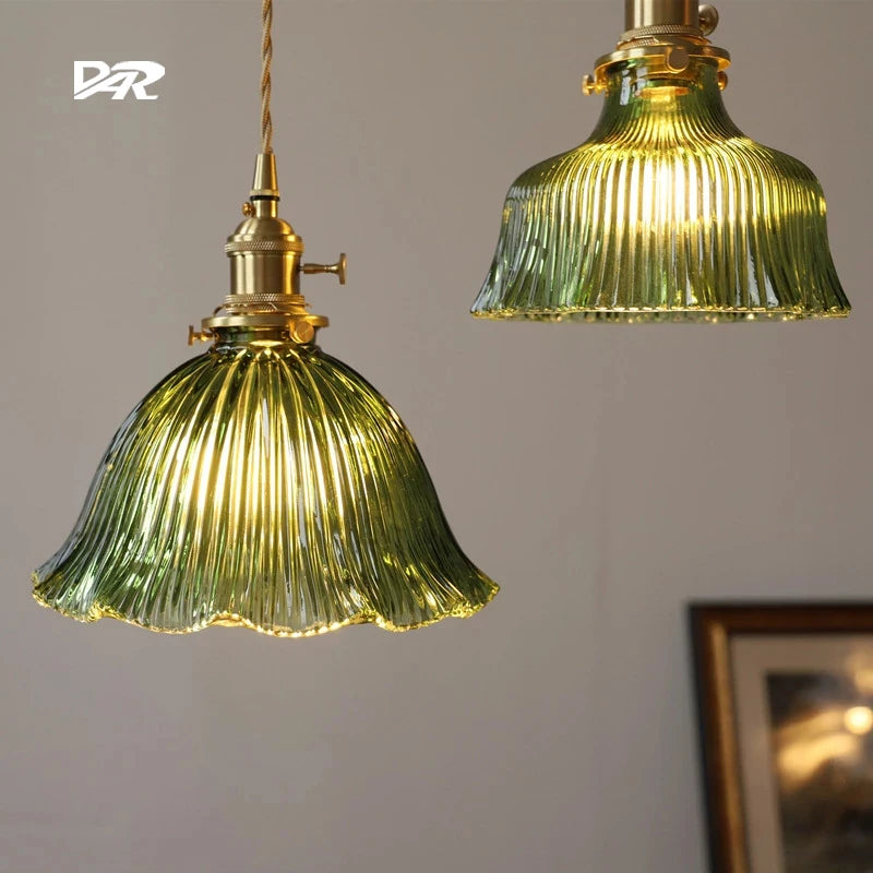 Suspension en verre vert foncé salle à manger chambre chevet Bar café suspension Luminaire rétro lampes suspendues en laiton pour plafond