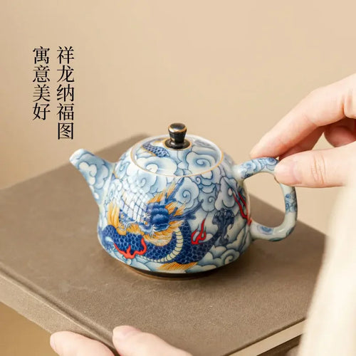 Théière chinoise porcelaine décor sous couverte infuseur