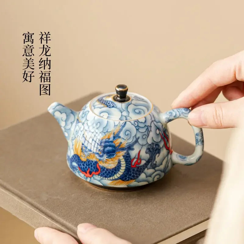 Théière chinoise porcelaine décor sous couverte infuseur - vue 6 sur 7