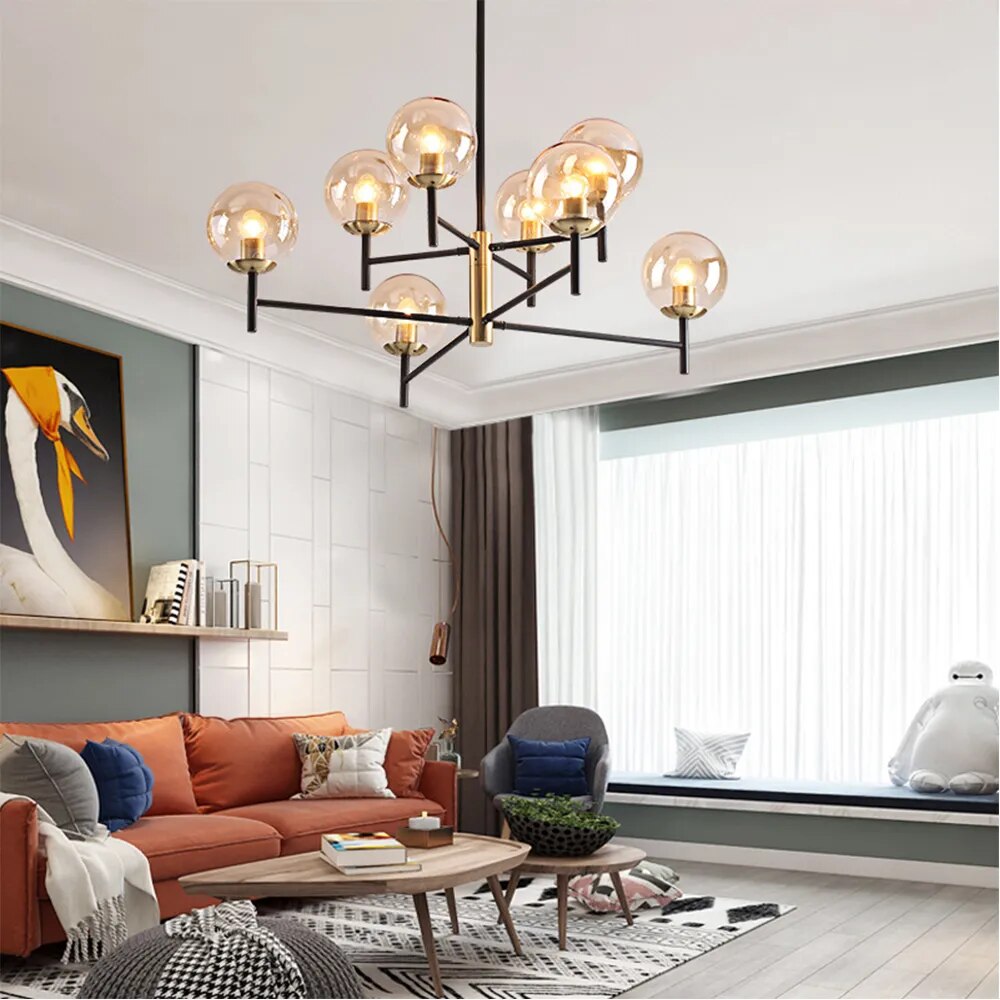 Suspension design noir mat et or avec verre ambré 3 lumières - Stockto Suspension design noir mat et or avec verre ambré 3 lumières - Stockto