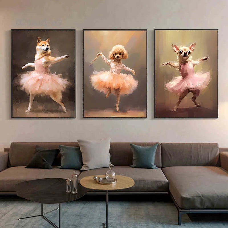 portraits de ballerine de chien art abstrait mural kawaii