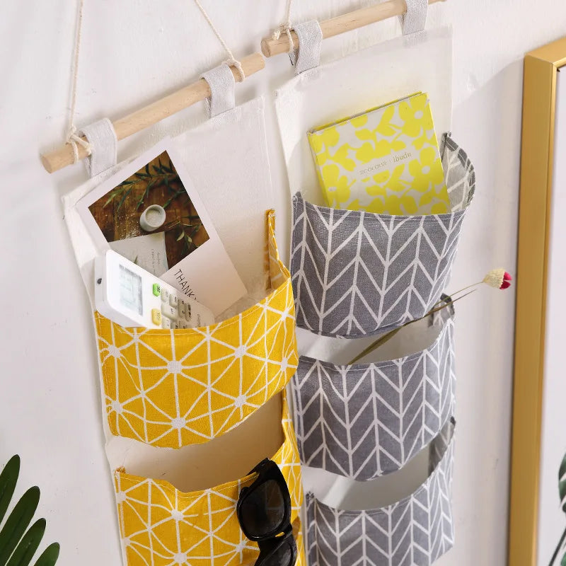 sac de rangement suspendu en coton et lin trois couches - vue 5 sur 9