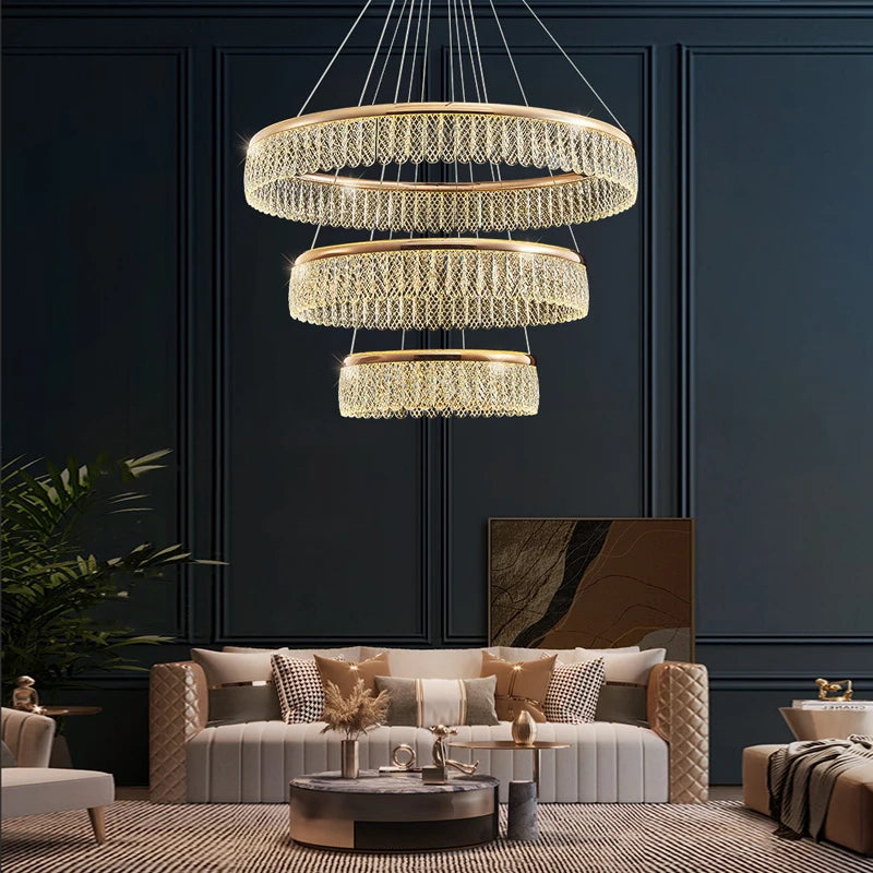 lustre led en cristal losange rond à plusieurs anneaux luxueux - vue 3 sur 20