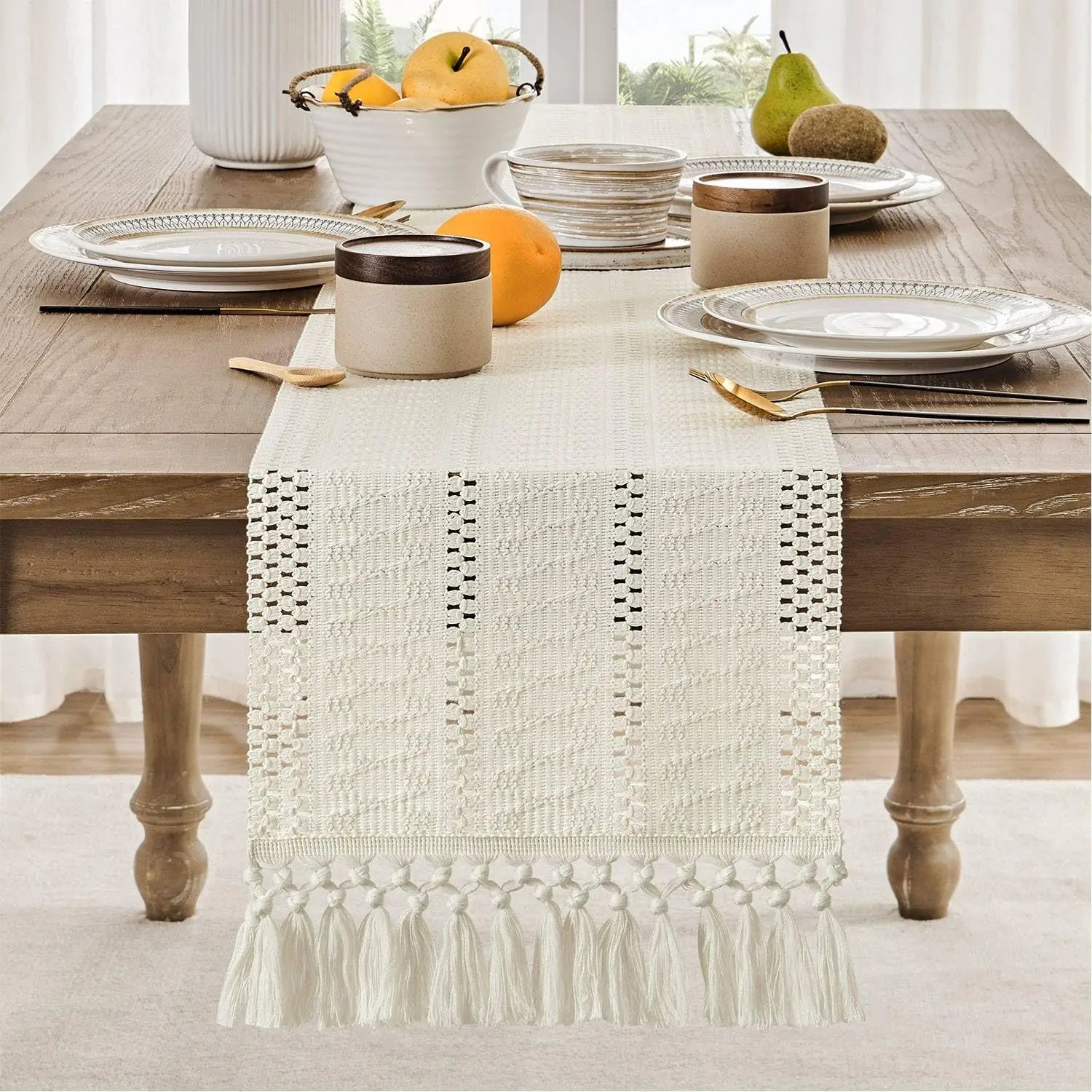 Chemin de table macramé bohème ivoire à franges - vue 4 sur 7