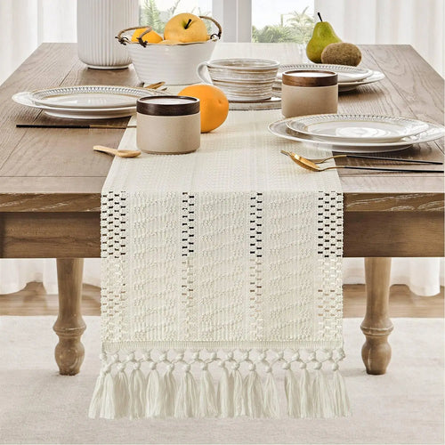 Chemin de table macramé bohème ivoire à franges