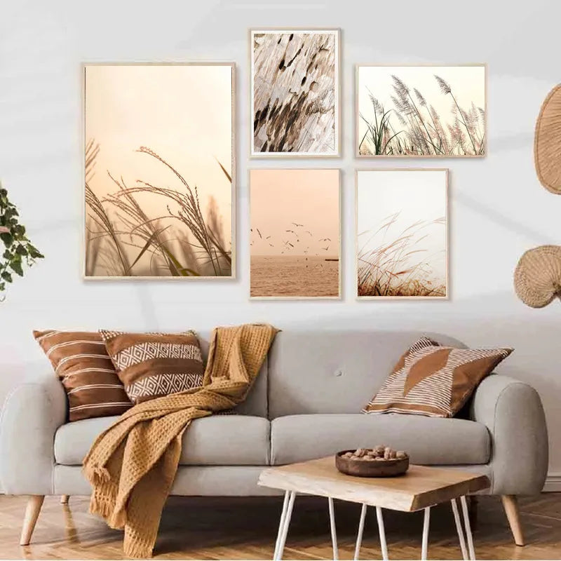 paysage de plage avec mouette et roseau décor mural