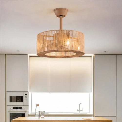 plafonnier décoratif en corde tressée avec ventilateur et intensité variable - vue 2 sur 11