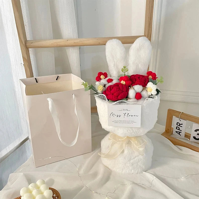 bouquet de roses tricotées cadeau de saint-valentin et noël en dessin animé