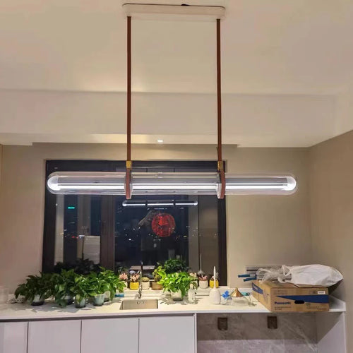 lustre long design moderne led luxe cuir verre lampara - vue 2 sur 7