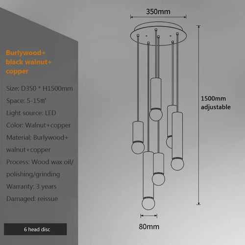 suspension noyer lustre chinois barre tête lampes - vue 13 sur 13