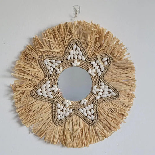 miroir décoratif en raphia et coquillages pour décoration murale - vue 2 sur 5