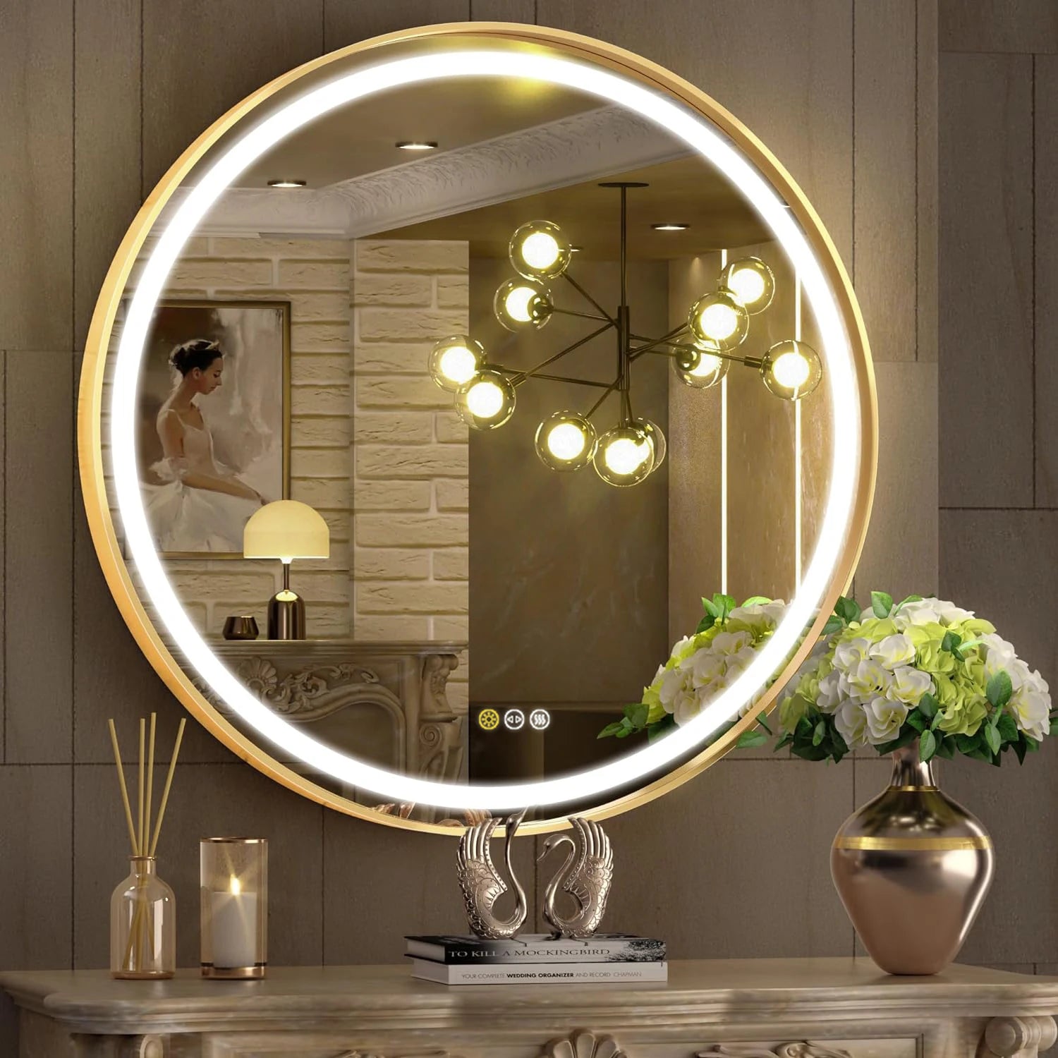miroir rond éclairé led antibuée intensité variable cadre aluminium verre hd