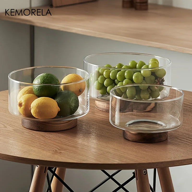 Bol fruits verre base bois design moderne salon