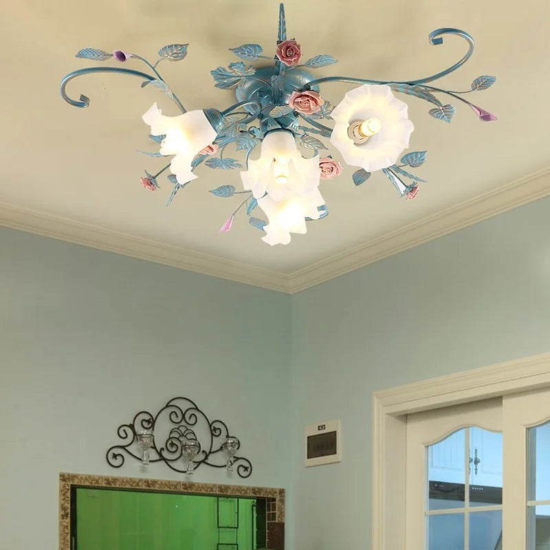 plafonnier led en fer fait main avec fleur de rose style américain coréen