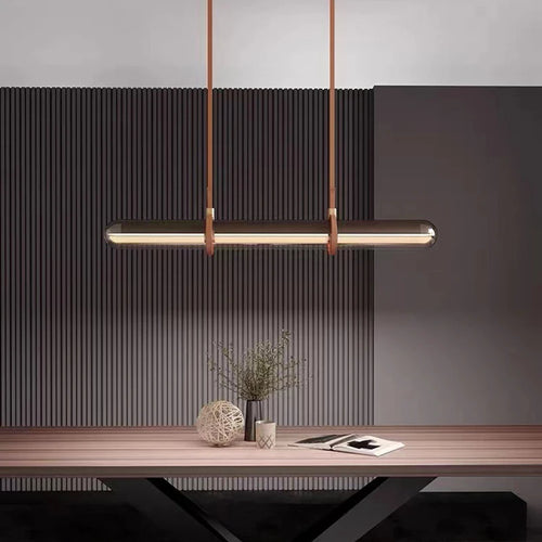 lustre long design moderne led luxe cuir verre lampara - vue 3 sur 7