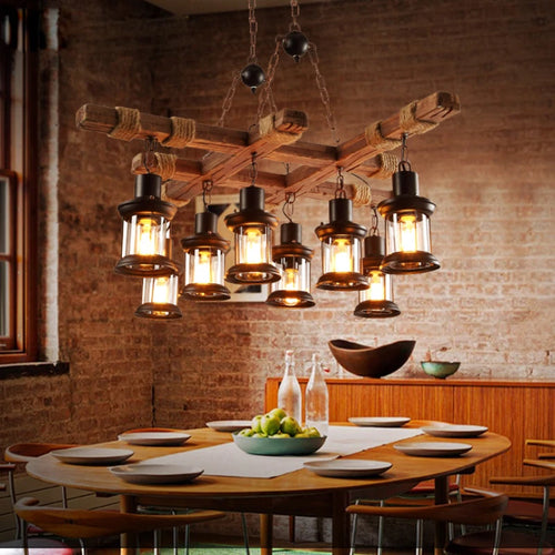 lustre rétro en bois style industriel pour café et restaurant - vue 3 sur 24