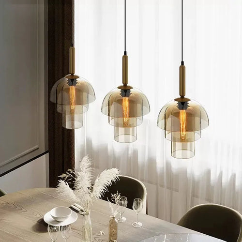 Rétro LED verre suspension nordique Cognac Luminaires 2/3 couche salon décor suspendu éclairage salle à manger chambre Luminaires