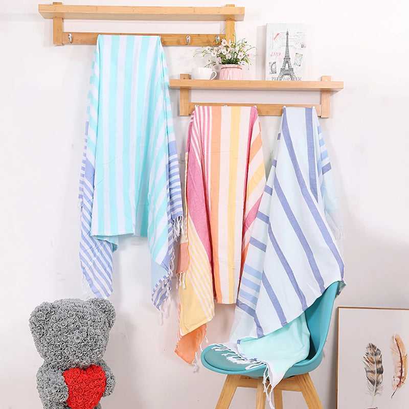 serviette de plage turque coton rayures pompons legere