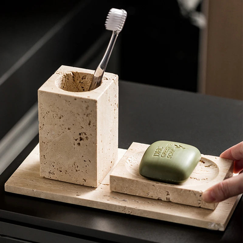 ensemble d'accessoires en marbre naturel pour salle de bain - vue 3 sur 30