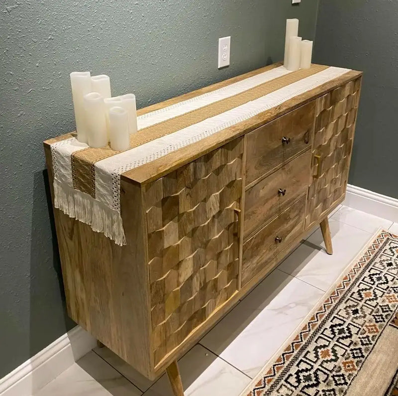 Chemin de table boheme beige motifs geometriques pompons