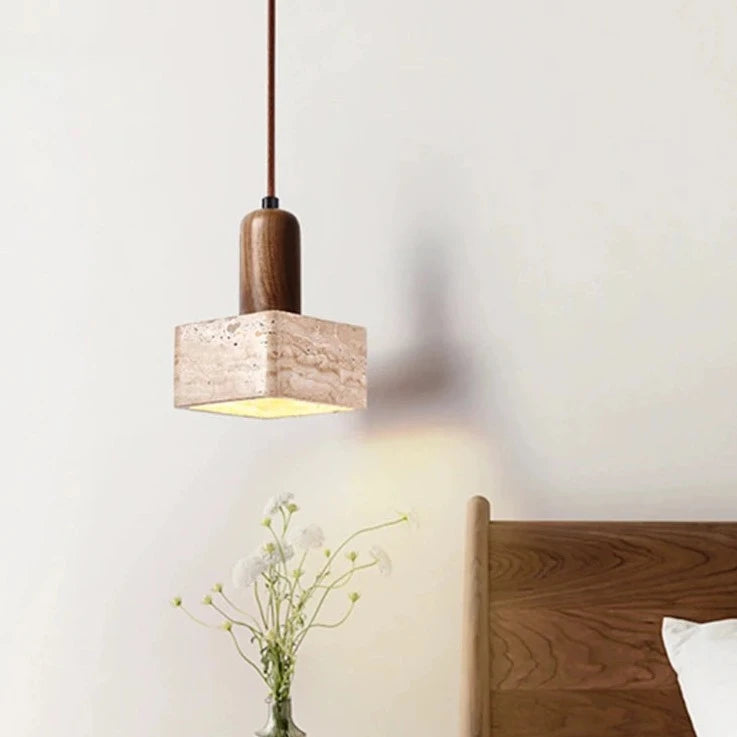 Lampe suspension LED carré en pierre lustre chambre chevet Style crème en bois massif rétro lumière E27 ampoule pour salon maison Bar