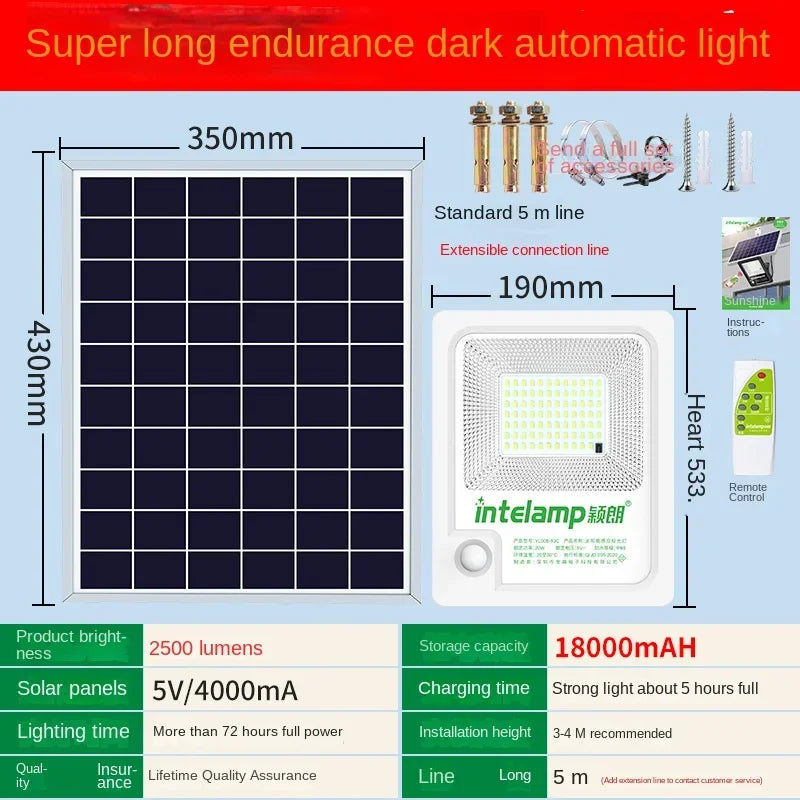 INTELAMP Solar Motion Sensor Floodlight with Remote Control, High Brightness 2500lm, 18000mAh, Suitable for Various Scenarios - vue 3 sur 7