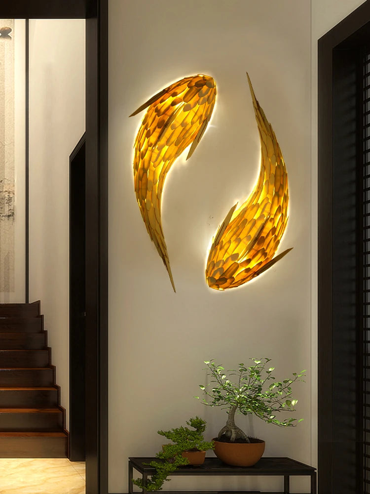 applique murale led bambou design nordique tissée main forme poisson - vue 4 sur 8