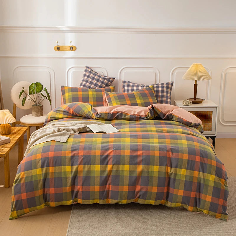 housse de couette en coton à carreaux pour lit double