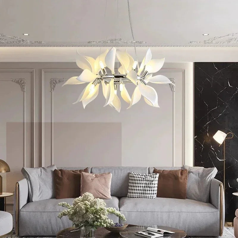 lustre moderne en céramique avec pétales de fleurs et lumière led