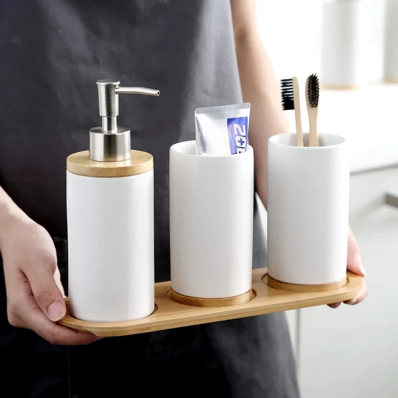 ensemble d'accessoires de salle de bain en céramique et bambou - vue 11 sur 16