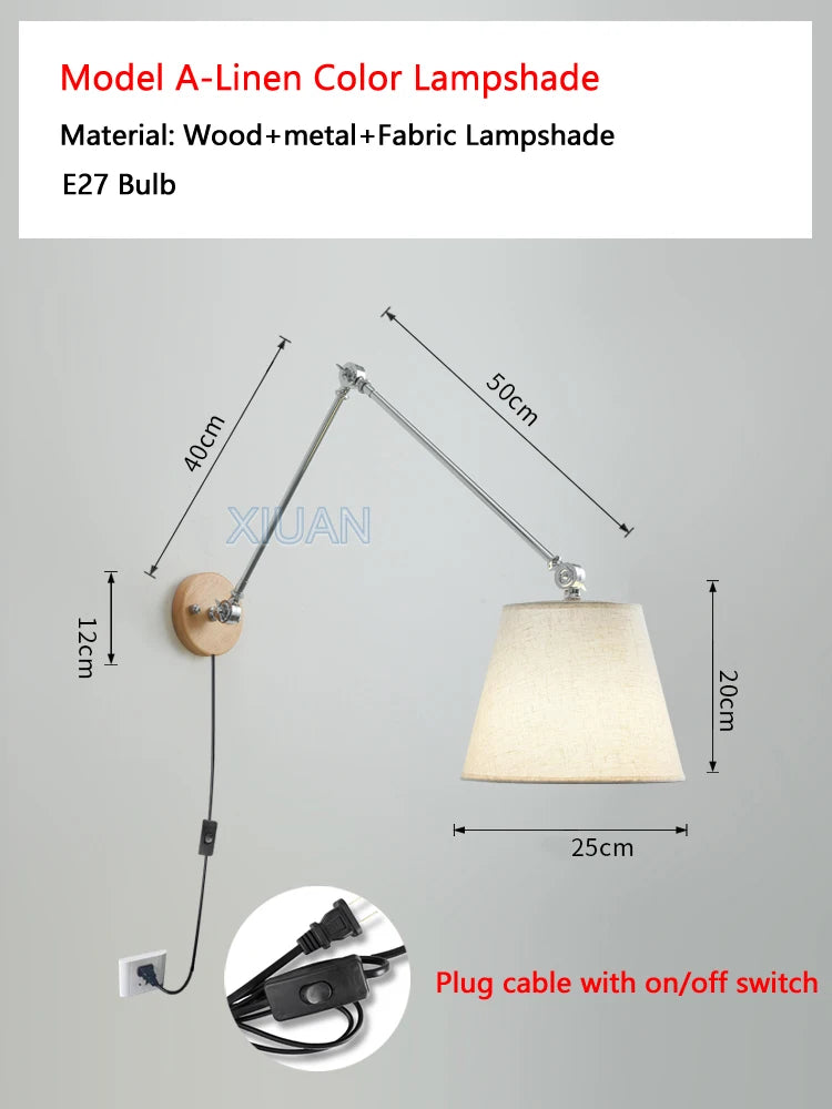 Nordic Shiftable Rocker Arm Wall Lamps Fabric Lampshade Dining Table Wall Light for Bedside Study Reading Lighting ON/OFF Switch - vue 11 sur 14