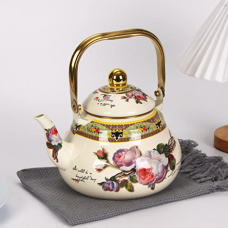 Bouilloire émail vintage motif floral poignée dorée 15l - vue 2 sur 5
